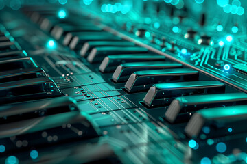 Close-up of modern piano keys with digital effects.