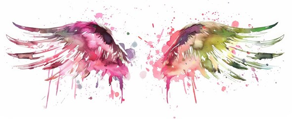A pair of wings painted in watercolor on a plain white background