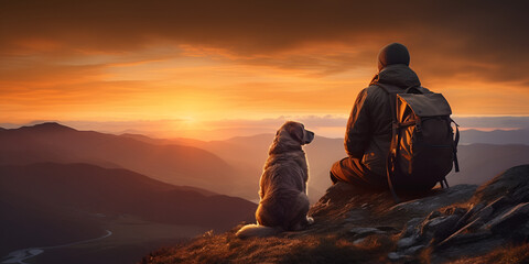 Beautiful digital art of a man and his dog looking at sunset from top of mountain