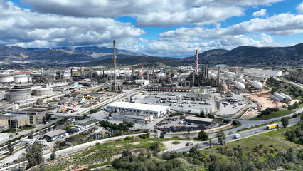 Aerial drone photo of Hellenic Petrol ELPE refinery in industrial area of Aspropirgos, bay of Elefsina, Attica, Greece