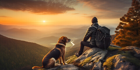 Mountain Adventure Young Man Hiking with Dog 