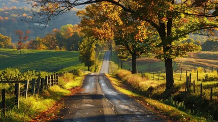 Explore the tranquil beauty of a winding country road, meandering through picturesque countryside, inviting an idyllic journey - obrazy, fototapety, plakaty
