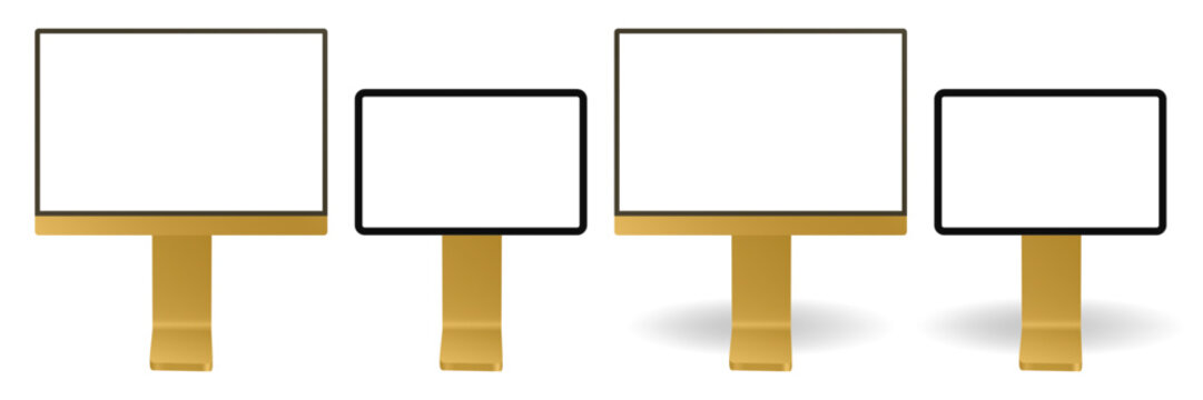 Set of black and gold information panels. Screen mockup, empty frame. Display or signboards isolated on a transparent background. 3d mockup of a signboard with transparent or white screen and shadow
