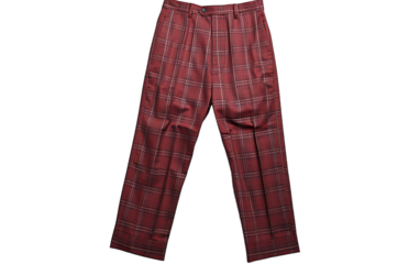 A vibrant pair of red plaid pants set against a pristine white background