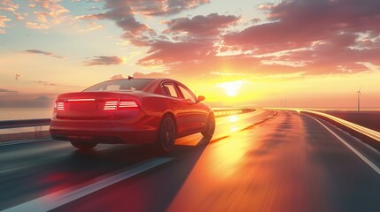 Obraz premium 3d car rides on the road to meet the sun, concept 3d render for advertising auto products