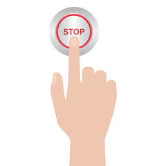 Hand Pressing Stop Button. Hand Click. Vector Illustration Isolated on White Background. 
