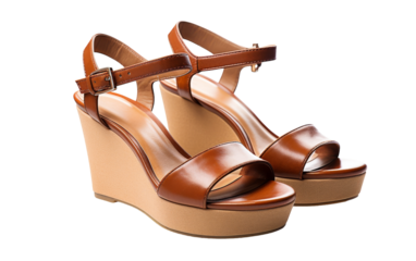 A pair of womens wedged sandals rest gracefully on a pristine white background