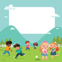 Banner template design with children of different nationalities. Vector illustration