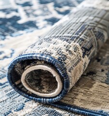 Modern Turkish Rugs and rolled up scroll woven spirit patchwork rug, soft blue gray beige white interior design stock photo contest winner in the style of shutterstock with white background - obrazy, fototapety, plakaty