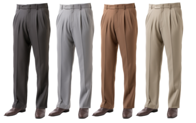 Three mens dress pants in different colors displayed elegantly