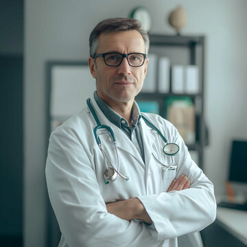 Photo of attractive male doctor with arms crossed, wear white lab coat, stethoscope. Generative AI.