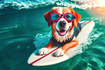 A surfer dog swims through the sea waves on a special surfboard. The concept of animals doing sea sports.