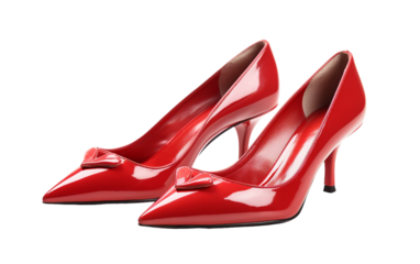 A stylish pair of red high heels adorned with an elegant bow detail