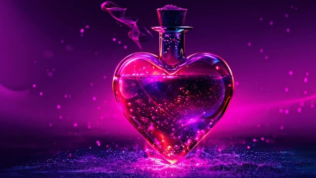 Love potion in a glass bottle in the shape of a heart. The magical pink love elixir. Magic drink. Violet purple background.