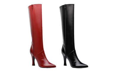 A striking pair of black and red high heel boots standing out against a dark background, exuding confidence and style