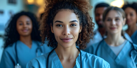A confident and smiling female medical professional wearing a stethoscope, representing trust and expertise in the healthcare industry. - obrazy, fototapety, plakaty