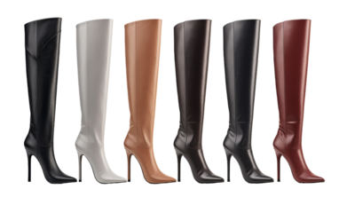 A diverse array of high heeled boots in various colors lined up side by side