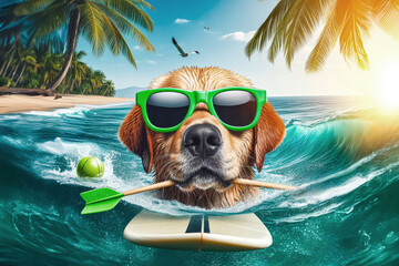A dog in sunglasses on a surfboard among the sea on a sunny day.