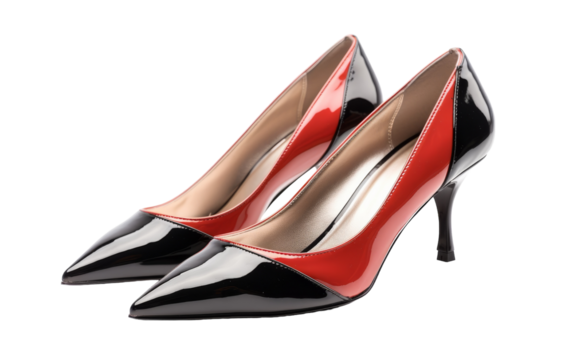 Black and red high heels catching the light, poised to step forward