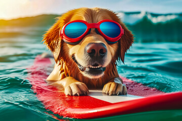 A dog in sunglasses on a surfboard among the sea on a sunny day.