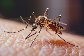 A large mosquito lands on a person's skin and sticks its proboscis into it. Mosquito bite, blood-sucking insects, fever, infection. - obrazy, fototapety, plakaty