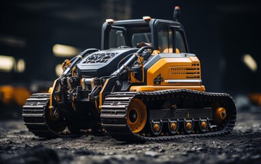 Toy bulldozer conquering a pile of dirt in a playful scene - obrazy, fototapety, plakaty