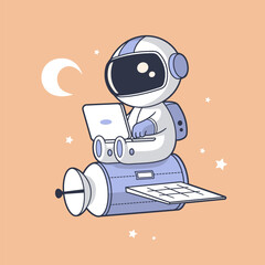 Funny astronaut sitting on a space satellite working on a laptop vector cartoon illustration in vintage style