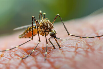 A large mosquito sits on a person’s skin and sticks its proboscis into it. Mosquito bite, blood-sucking insects, fever, infection.