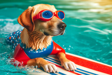 A surfer dog swims through the sea waves on a special surfboard.