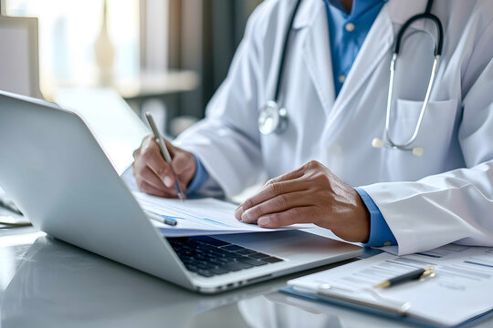 Close Up Doctor Reviewing Medical Report With Laptop