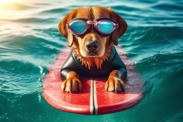 A surfer dog swims through the sea waves on a special surfboard.