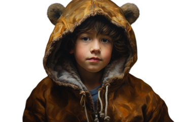 A young boy playfully wears a brown bear coat, looking like a real forest creature