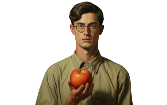 A man with a striking gaze holds a shiny, ripe apple in a mysterious painting