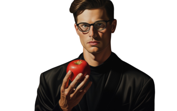 A man with a striking gaze holds a vibrant red apple in one hand