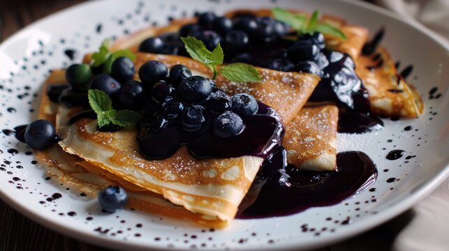Top view tasty crepes with blueberry sauce homemade healthy food. AI generated image