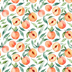 Seamless floral pattern with peach fruits on a white background