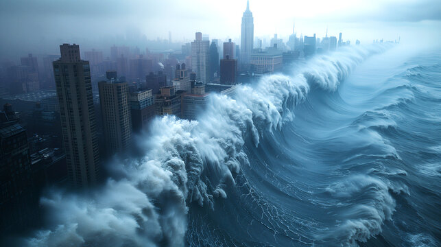 Enormous tsunami wave engulfing a city skyline in a dramatic environmental disaster.