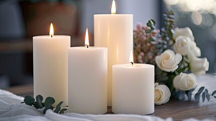 Fototapeta na wymiar Immerse yourself in the serene ambiance of white candles, radiating tranquility and inviting moments of mindfulness and relaxation.