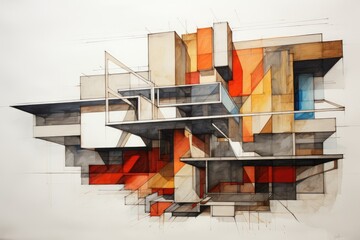 Abstract interpretation of a building construction, 3D building drawings, tower cranes and building...