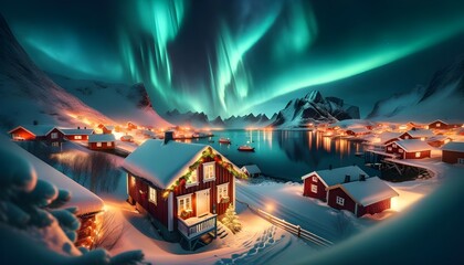 Norwegian Village under the Northern Lights with Christmas Decor - obrazy, fototapety, plakaty