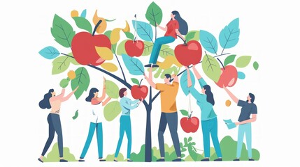 Equality and Equity Abstract Concept. Different people pick apples in the garden. Human Rights, Equal Opportunities, Respective Needs Banner. Modern Flar Cartoon Vector Illustration Design - obrazy, fototapety, plakaty