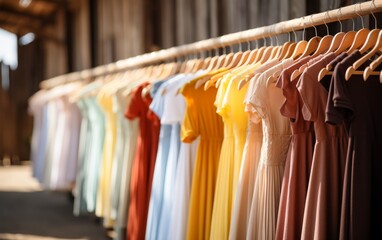 A colorful row of shirts swaying gently on a rail in soft light