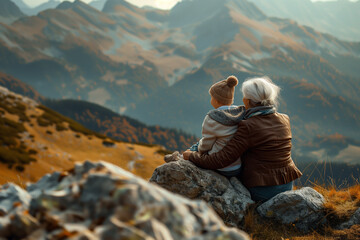 grandmother and grandson sitting on the mountainside, back view of vacationers outdoors, family values concept - obrazy, fototapety, plakaty