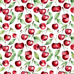 Seamless floral pattern with cherry fruits on a white background