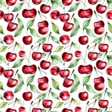 Seamless floral pattern with cherry fruits on a white background