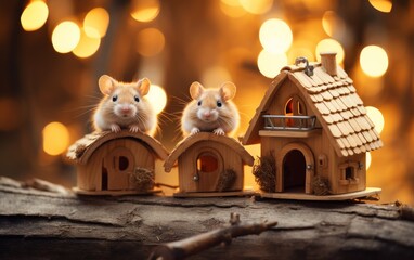 Two mice perched on a miniature wooden house