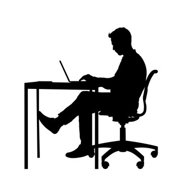 recommend clip art: silhouette of man working on laptop at desk - vector illustration