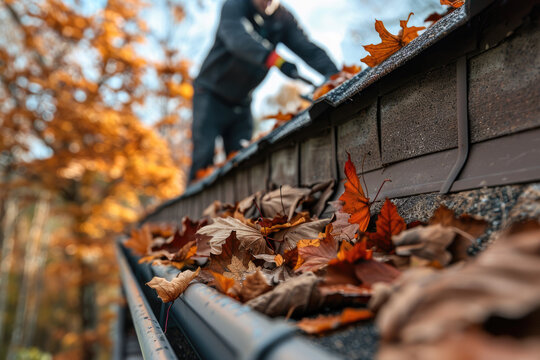 Cleaning the roof and gutters from fallen autumn leaves. A man cleans the gutter on the roof of his house.