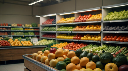 Fresh fruits and vegetables on shelf in supermarket .Generative AI - obrazy, fototapety, plakaty