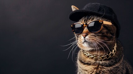 dj cat with  gold chain cap and glasses